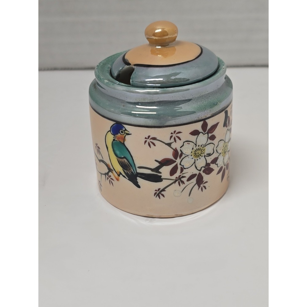 Vintage Japanese Floral Bird Lusterware Mini Lidded Mustard/Jam Jar